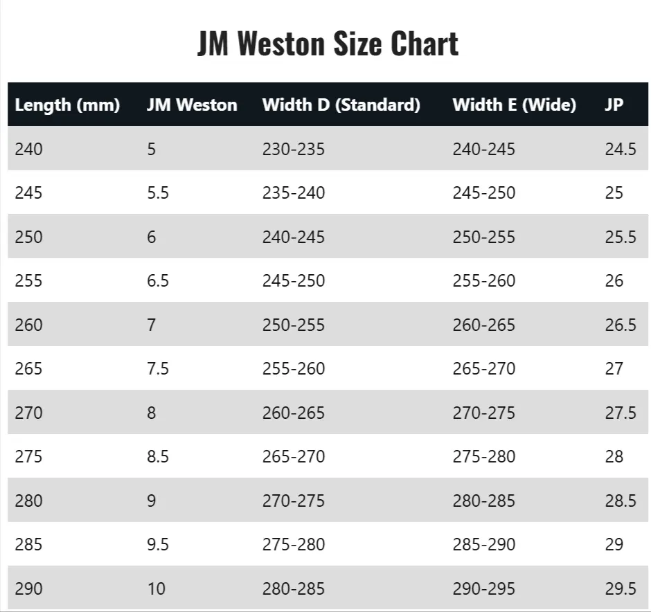 jm-weston-size-chart
