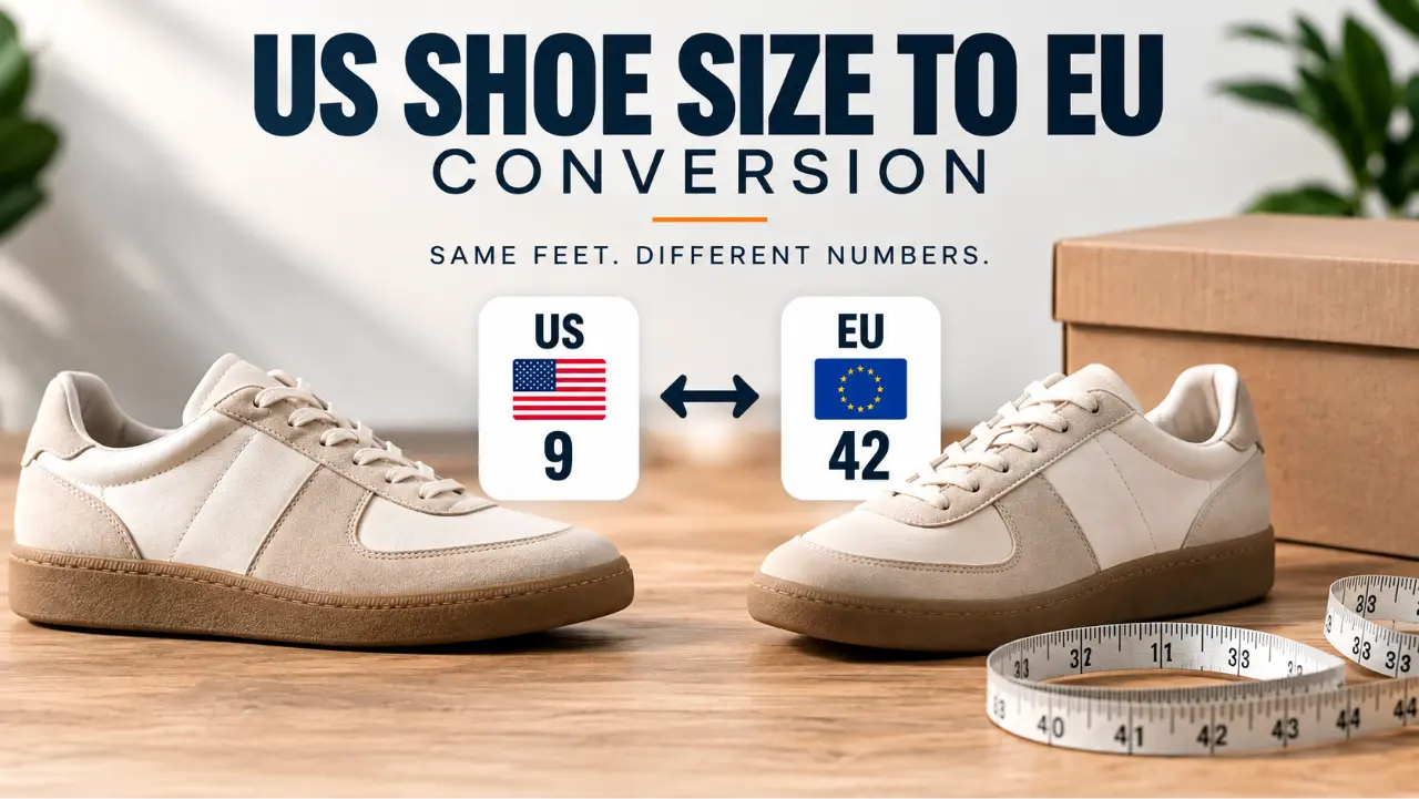 American shoe size to European conversion showing US and EU shoe sizing side by side with sneakers.