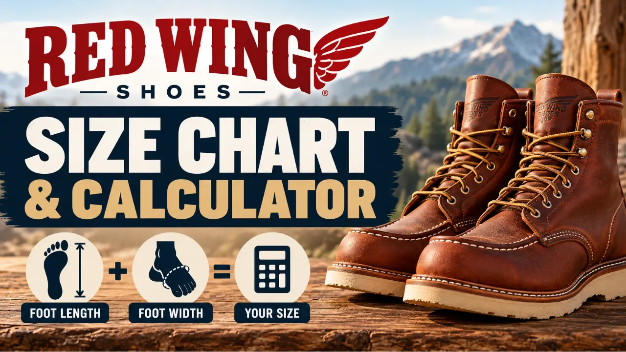 Red Wing size chart and calculator guide featuring brown leather boots, foot length and width measurements, and boot size recommendations.