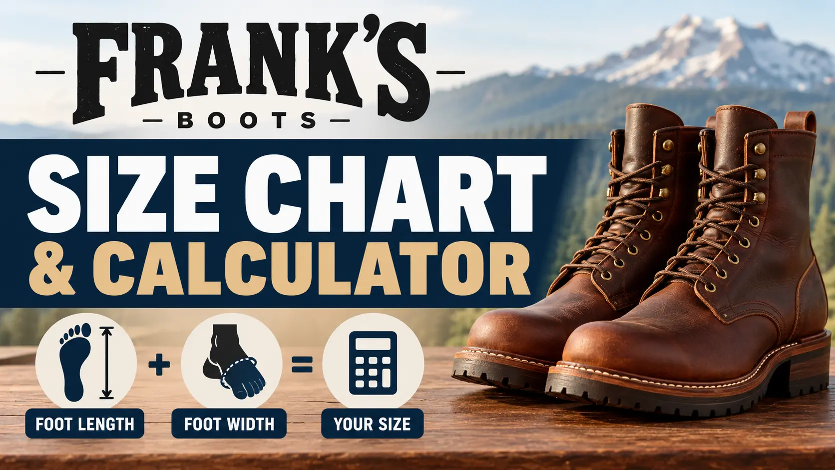 Frank's Boots size chart and calculator showing brown leather boots alongside foot length and width measurement illustrations.