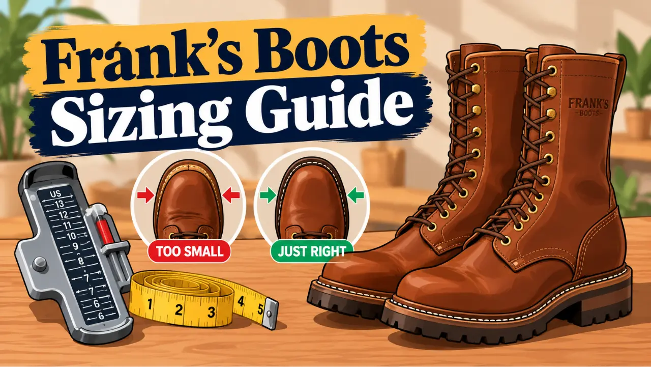 Frank's Boots sizing guide illustration featuring leather work boots, a Brannock device, measuring tape, and a comparison of tight versus properly fitting toe boxes.