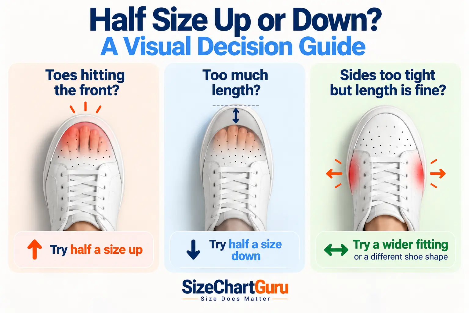 Visual guide showing when to go half a shoe size up, when to size down, and when to choose a wider shoe.