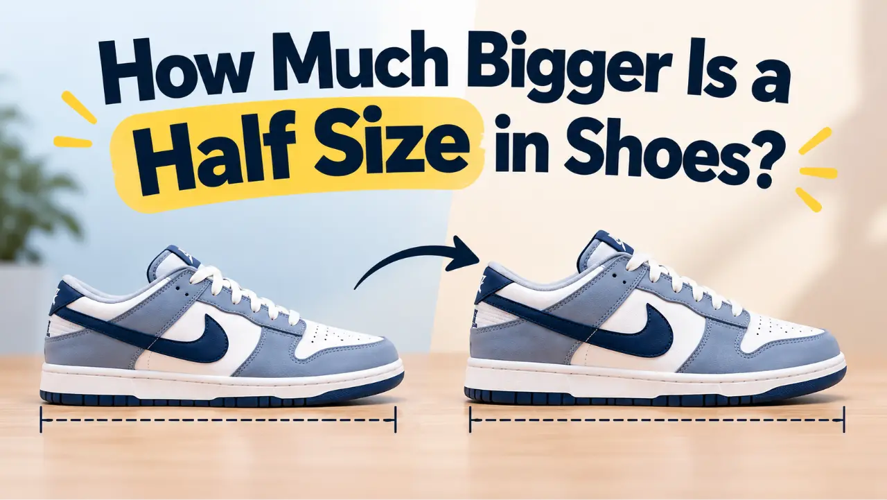 Illustration showing how much bigger is a half size in shoes, comparing two sneakers to highlight the difference between shoe sizes.