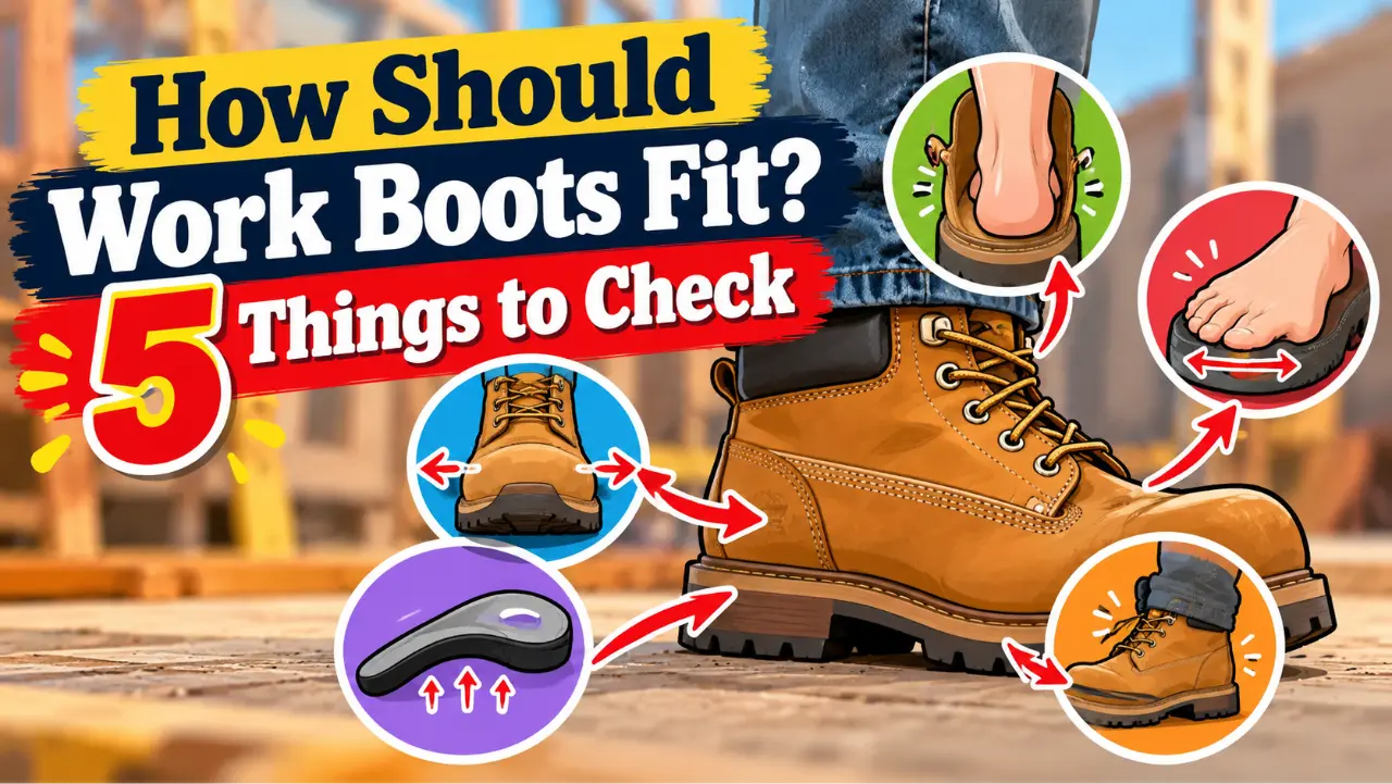 how should work boots fit, with five fit checks highlighting heel security, toe room, width, arch support, and foot movement.