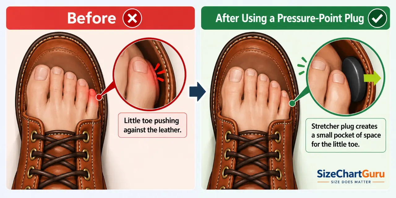 illustration showing a little toe pressing against the side of a leather boot and the extra space created using a pressure-point stretcher plug.