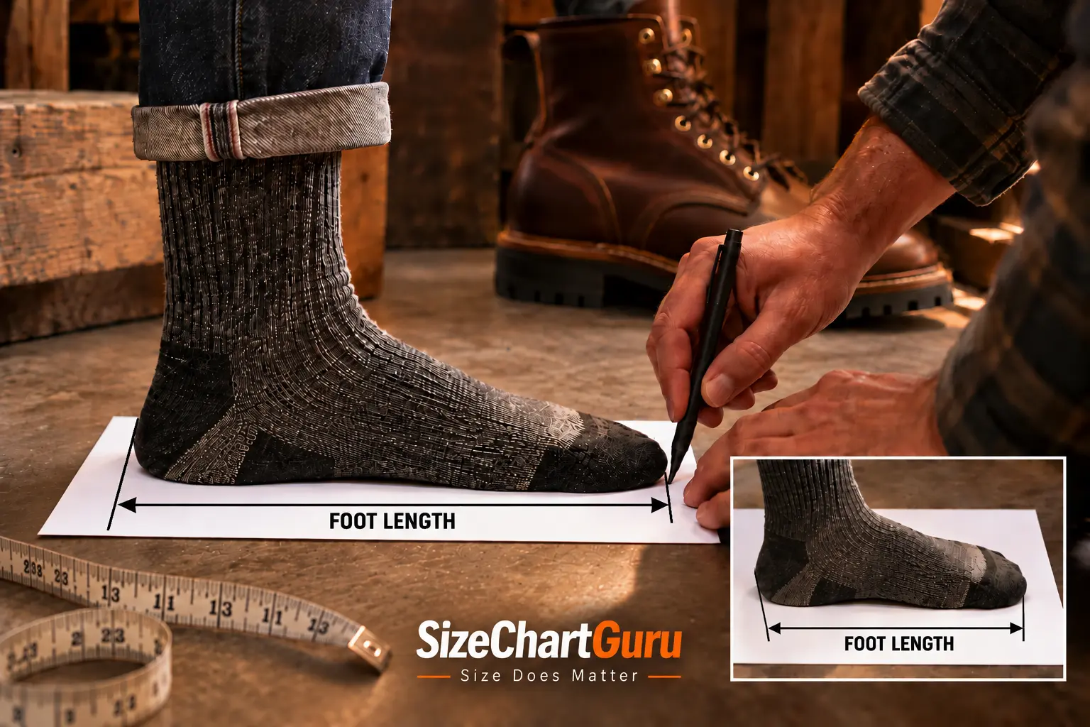 How to measure foot length for boots using a sheet of paper and a pen to mark the heel and longest toe, with arrows showing the heel-to-toe measurement.