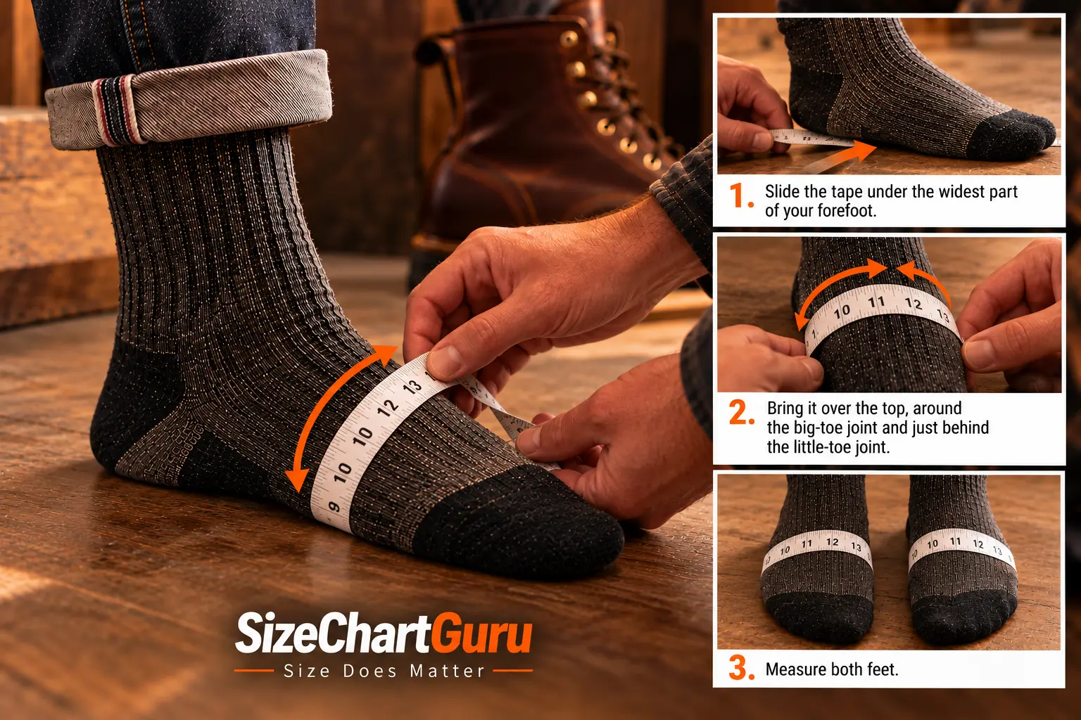 Three-step guide showing how to measure ball-of-foot circumference by sliding a tape beneath the forefoot, wrapping it around the widest part, and measuring both feet.