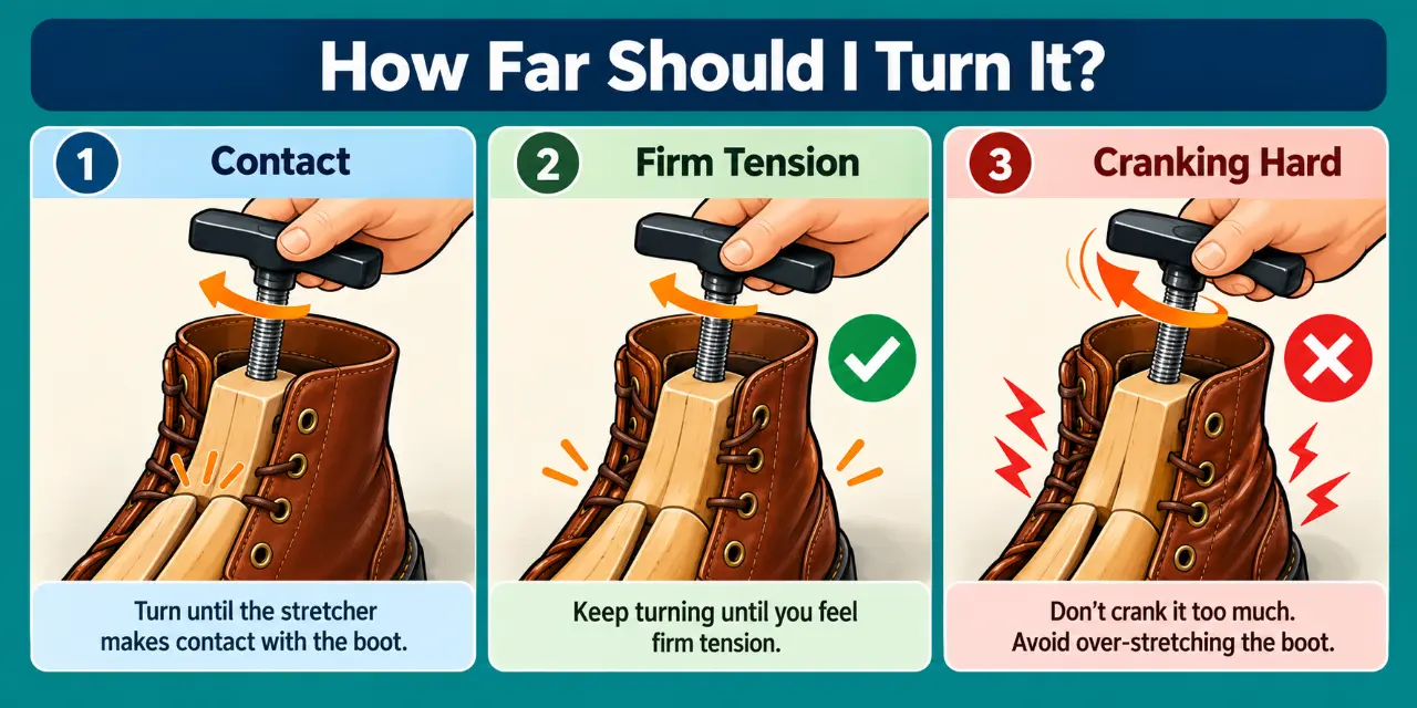 Three-stage illustration showing boot stretcher adjustment from initial contact to correct firm tension, followed by a warning against cranking the handle too hard.
