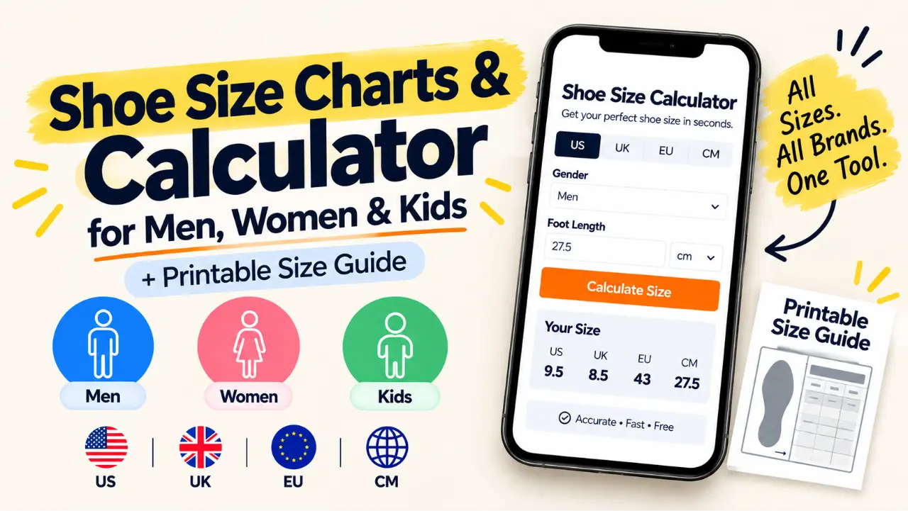 Shoe size charts and calculator for men, women, and kids, with US, UK, and EU size conversions and a printable shoe size guide.