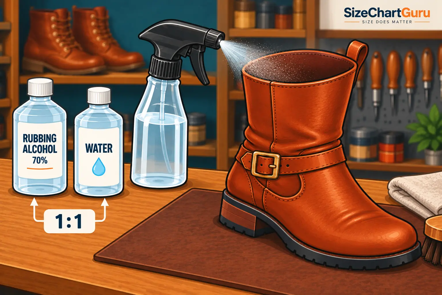 Half rubbing alcohol and half water mixture sprayed inside a leather boot for stretching