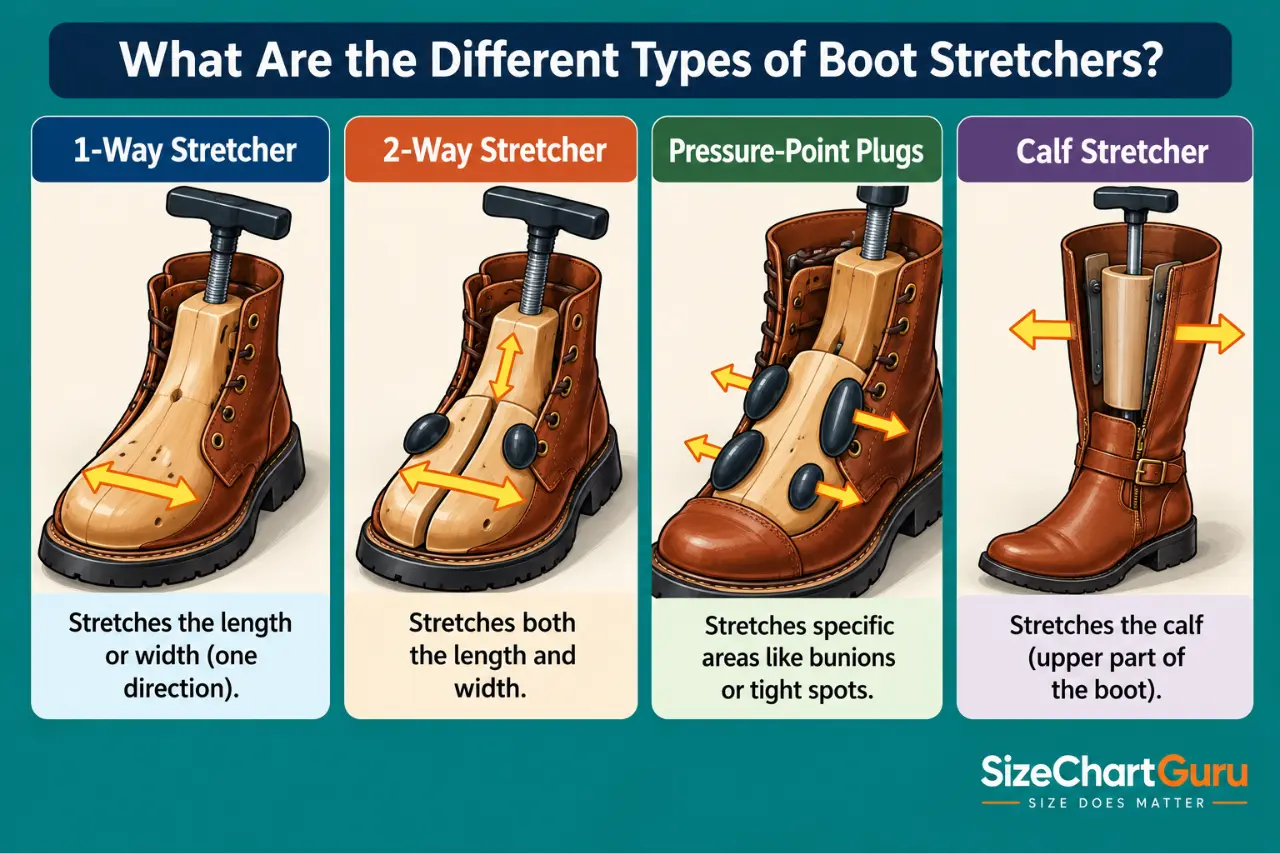 Four illustrated boot stretcher types showing a one-way stretcher, two-way stretcher, pressure-point plugs, and calf stretcher with their different stretching functions.